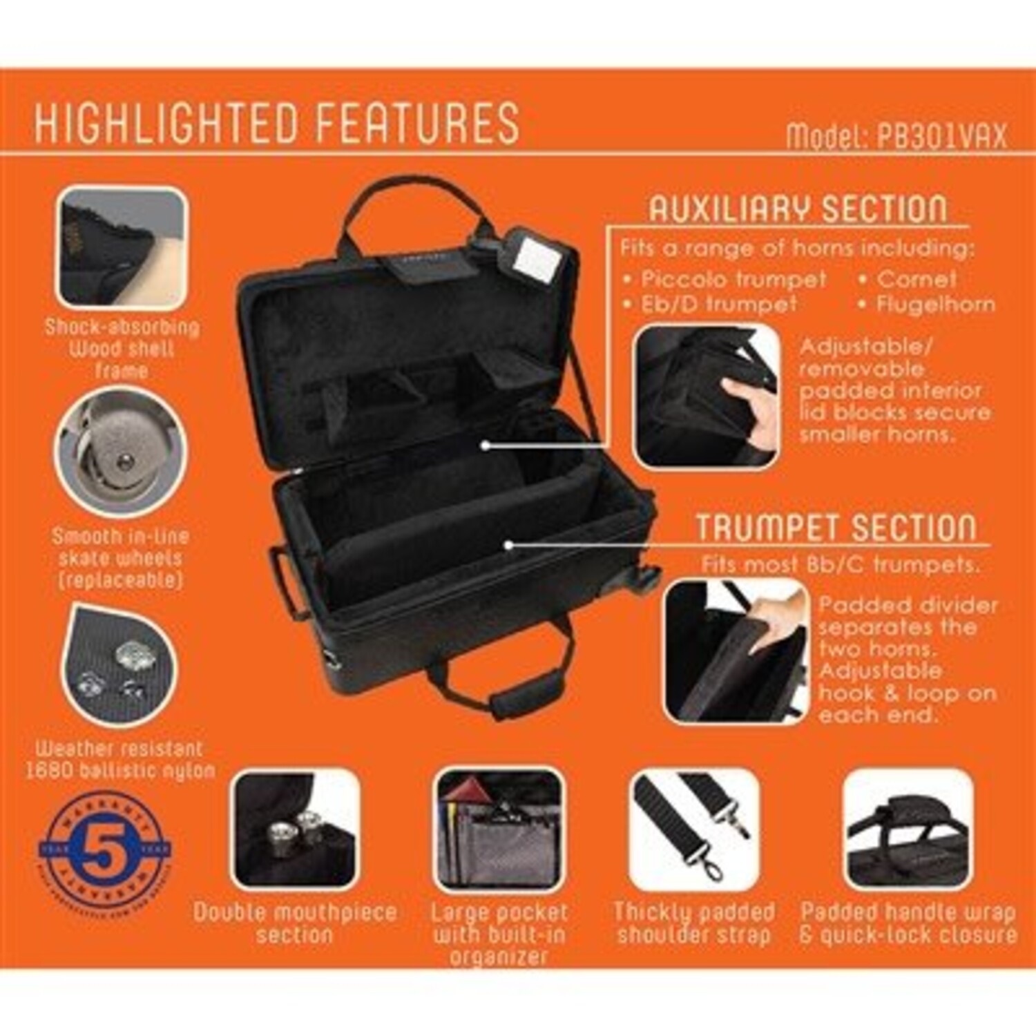 ProTec PB301VAX Mike Vax Trumpet / Aux Combo Pro Pack Case Black - Image 6